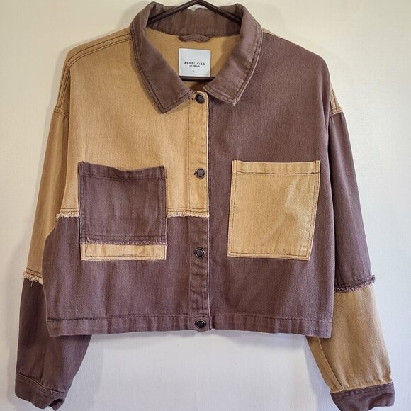 Angel Kiss Jackets & Blazers - Angel Kiss Crop Brown Denim Jacket Colorblock Distressed Grunge Boxy Junior XL